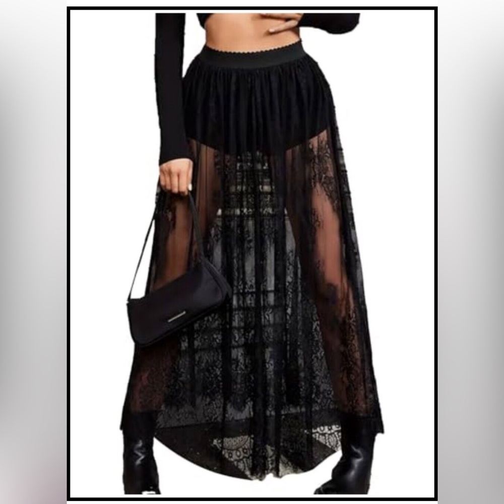 Sheer Lace Maxi Skirt High Waist A-Line Flowy Mesh Long Skirt